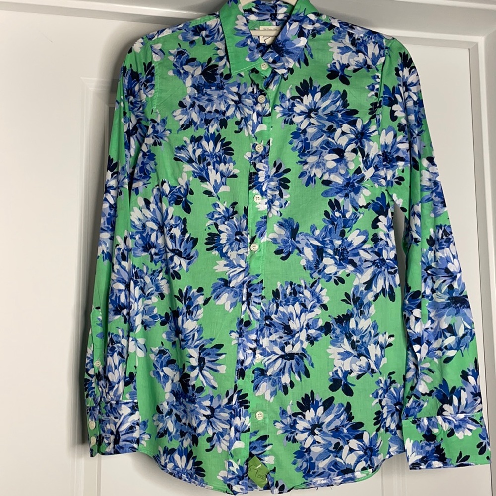 NWOT JCREW GREEN AND BLUE FLOWER BUTTON DOWN. SIZE XS.